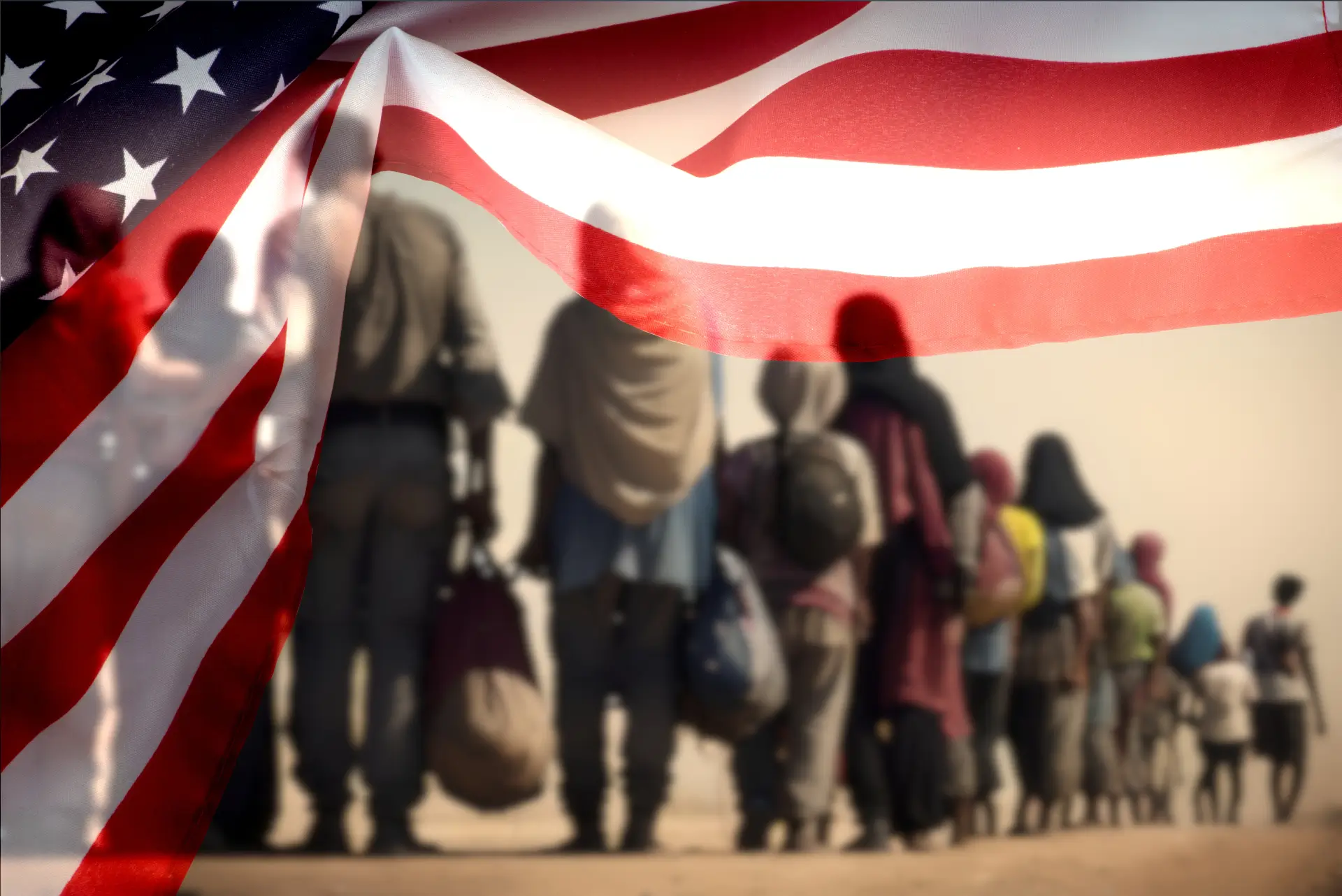 An American flag is layerd over a group of people walking off with packed bags in the blurred background