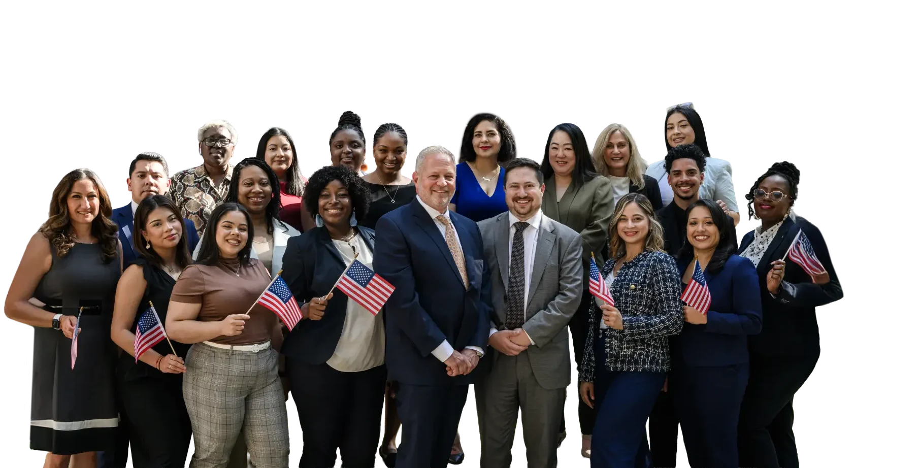 The Kuba Law team stands together, the front row holding American flags