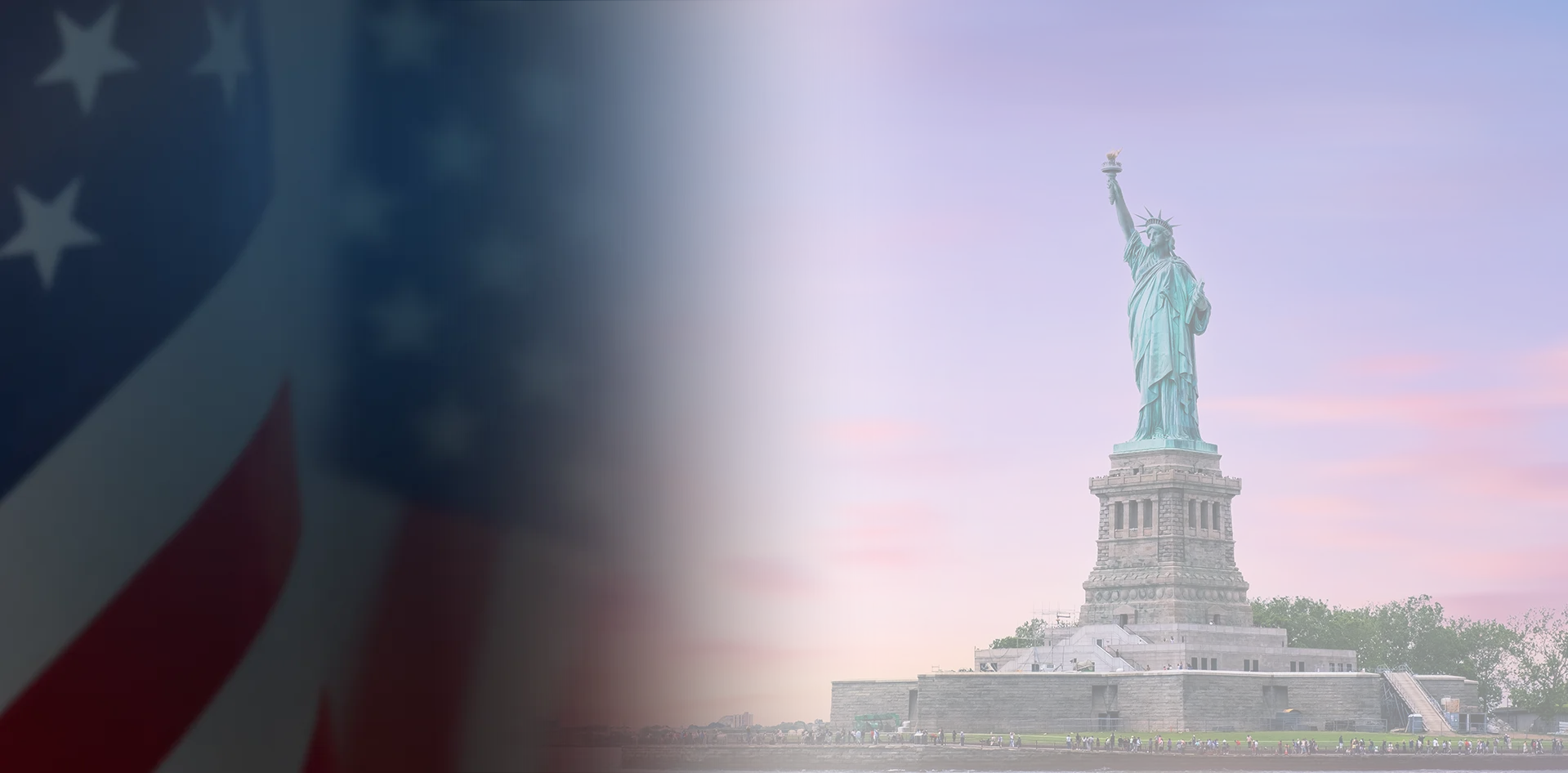 Background image of an American flag fading into the statue of liberty in the distance